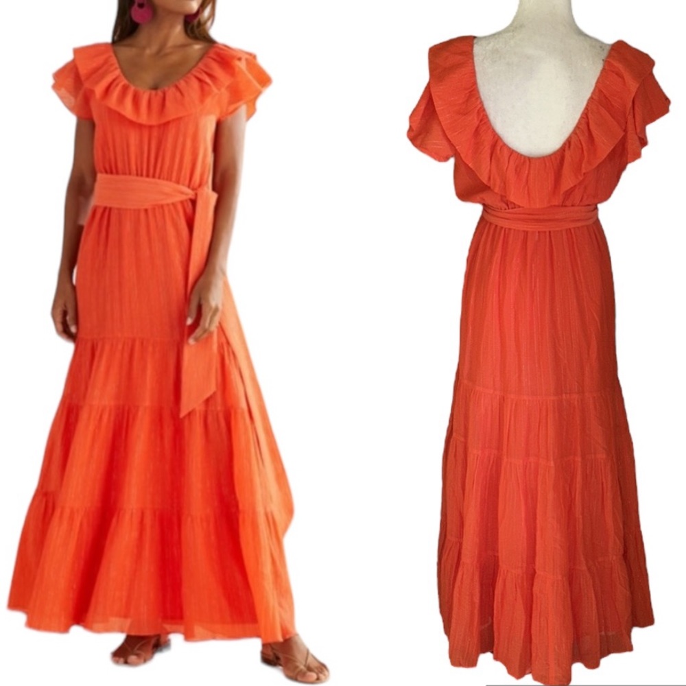 Marie Oliver Kinley Ruffle Orange Metallic Silver Tie Bow Detail Maxi Dress - S